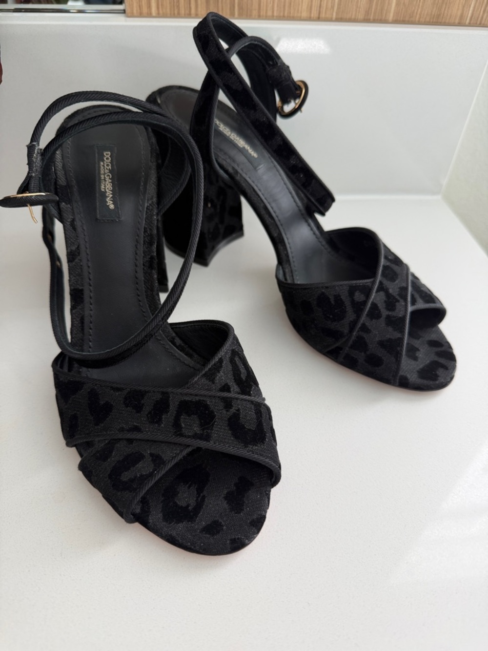 Dolce & Gabbana Black Velvet Leopard-Print Block Heel Sandals